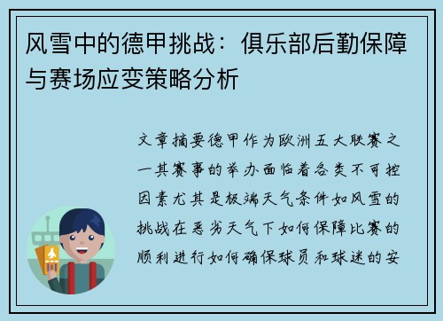 风雪中的德甲挑战：俱乐部后勤保障与赛场应变策略分析